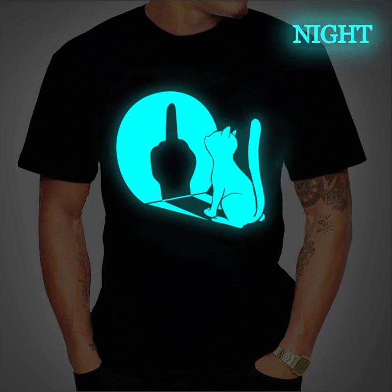 Summer Glowing Middle Finger Cat T-shirt for Men Cat Funny Gift T-Shirt Short Sleeve Tee Gifts Sarcastic Luminous T-shirts