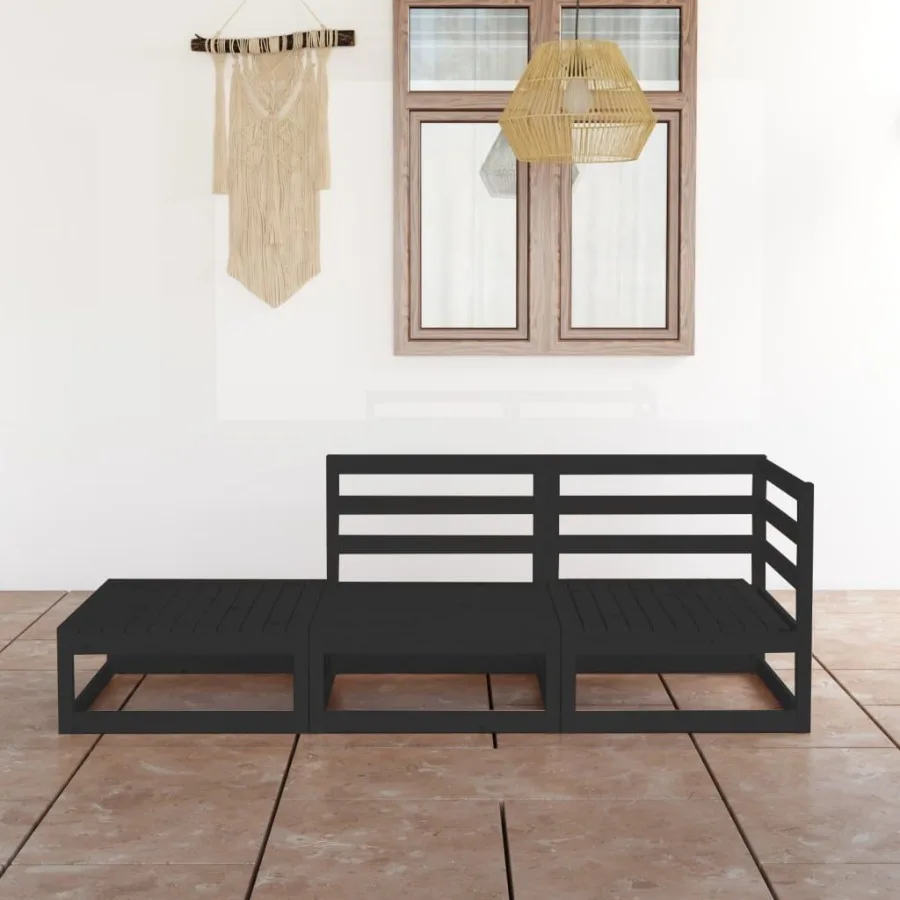 

3 Piece Patio Lounge Set Black Solid Pinewood