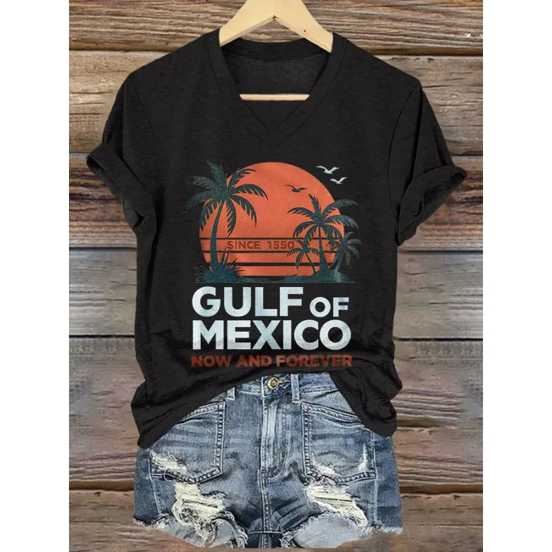 Women's Short Sleeved T-shirt Casual V-neck Summer Top Gulf of Mexico Japanese Printed T-shirt Hot New
