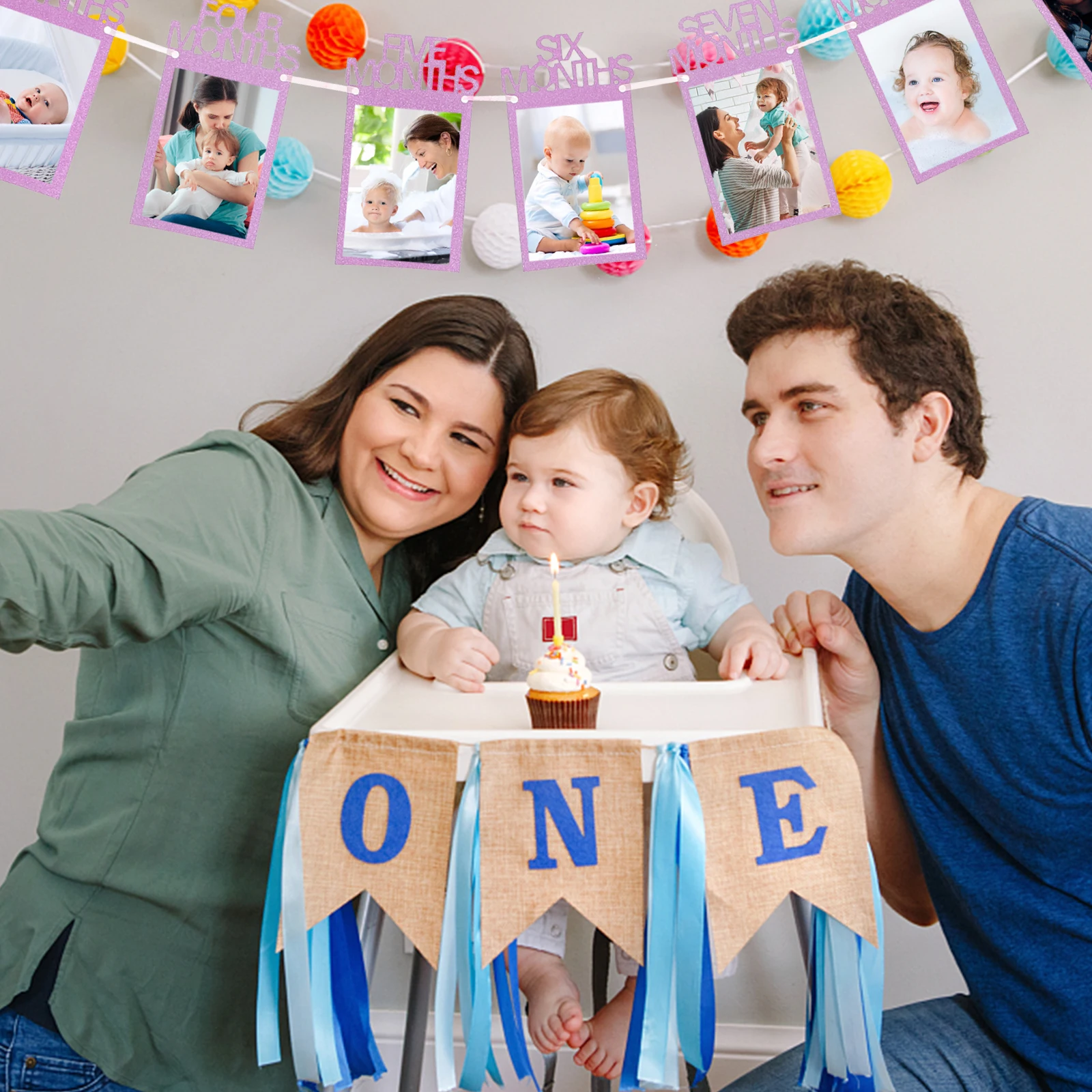 

12 Months Photo Wall Display Flag Kids Birthday Banner Decorations for Baby Boys Girls Party First Year Outdoor Indoor