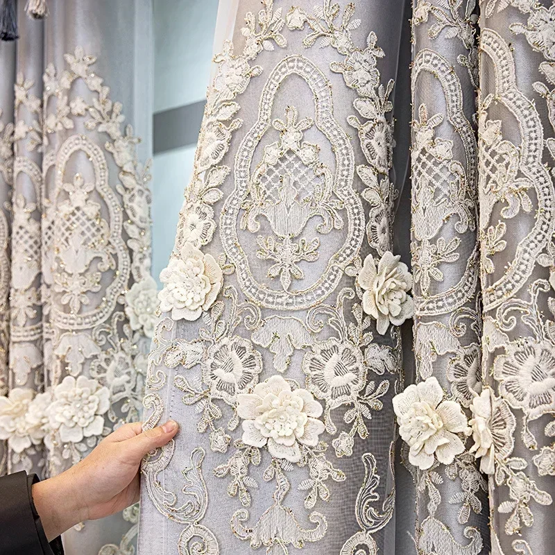 New European Embroidery Luxury Grey Double Layer Curtains for Living Room Bedroom French Cloth Yarn Integrated Embossed Valance