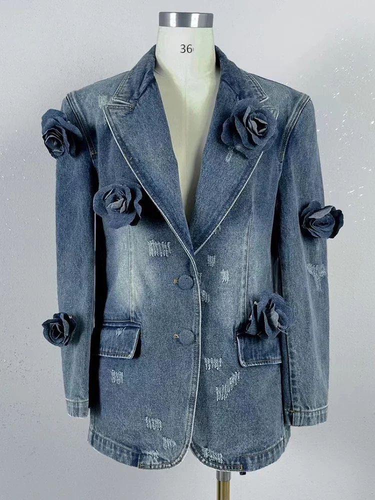 Designer Vintage Wash Decal Loose Denim Jacket for Spring 2024 Women's new fashion luxury All-in-one lapel denim suit