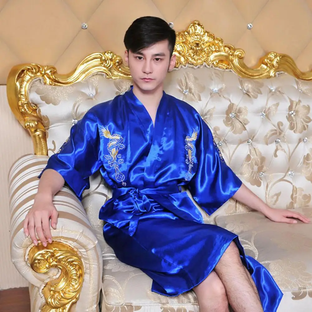 Dragon Pattern Nightwear Dragon Embroidered Men's Satin Nightgown with Chinese Style V Neck Lace-up Strap Tang Suit for Home