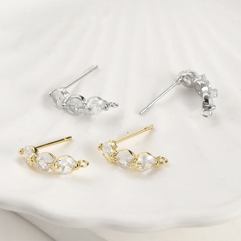 4PCS 14K Gold Plated brass Earring stud ,Zircon Post Stud with loop DIY Jewelry Making Findings Accessories