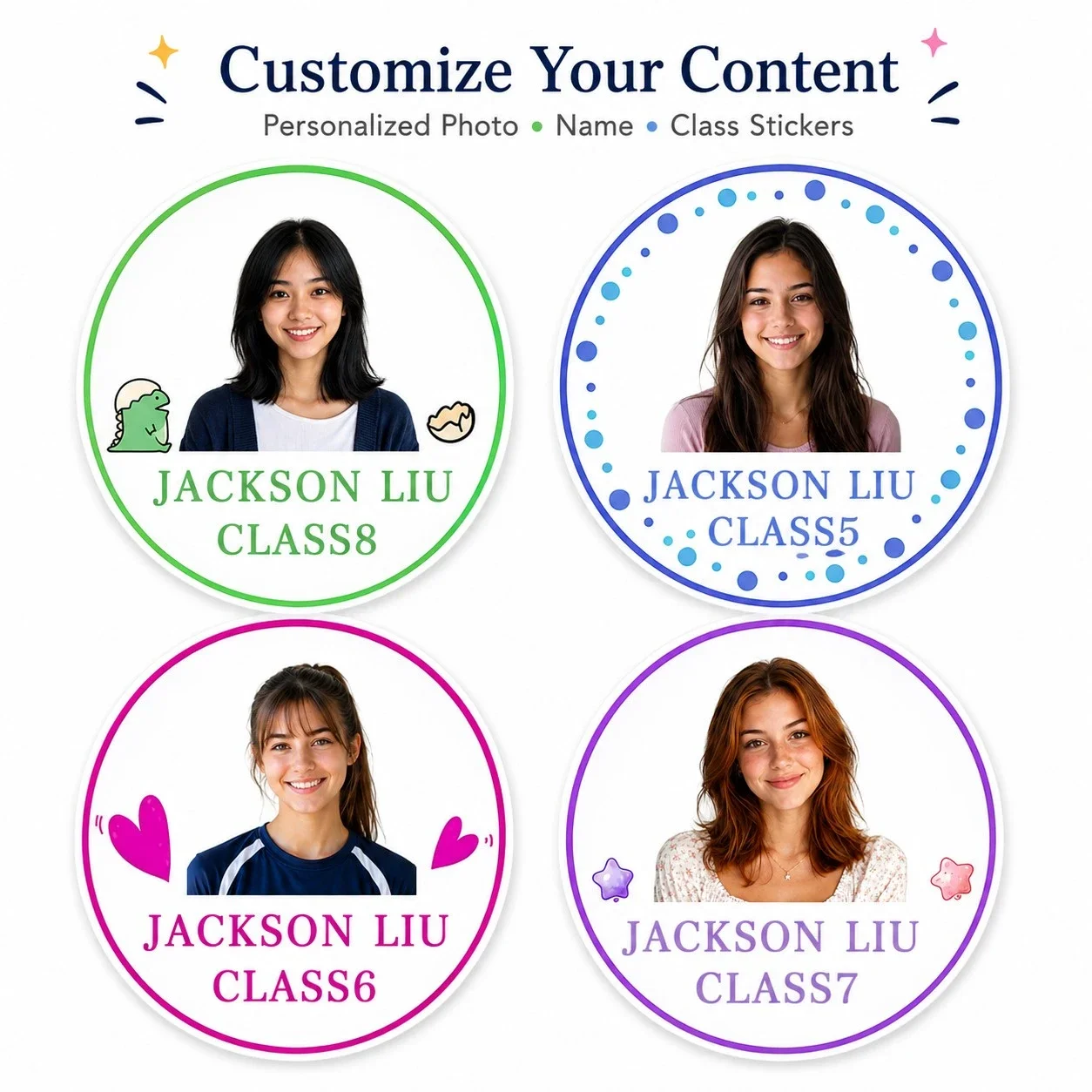 Customized Photo Name Class Stickers, Personalized Round Student Labels, Suitable for Books, Notebooks, Pencil Cases, Water Bottles, Lunch Boxes, and School Supplies