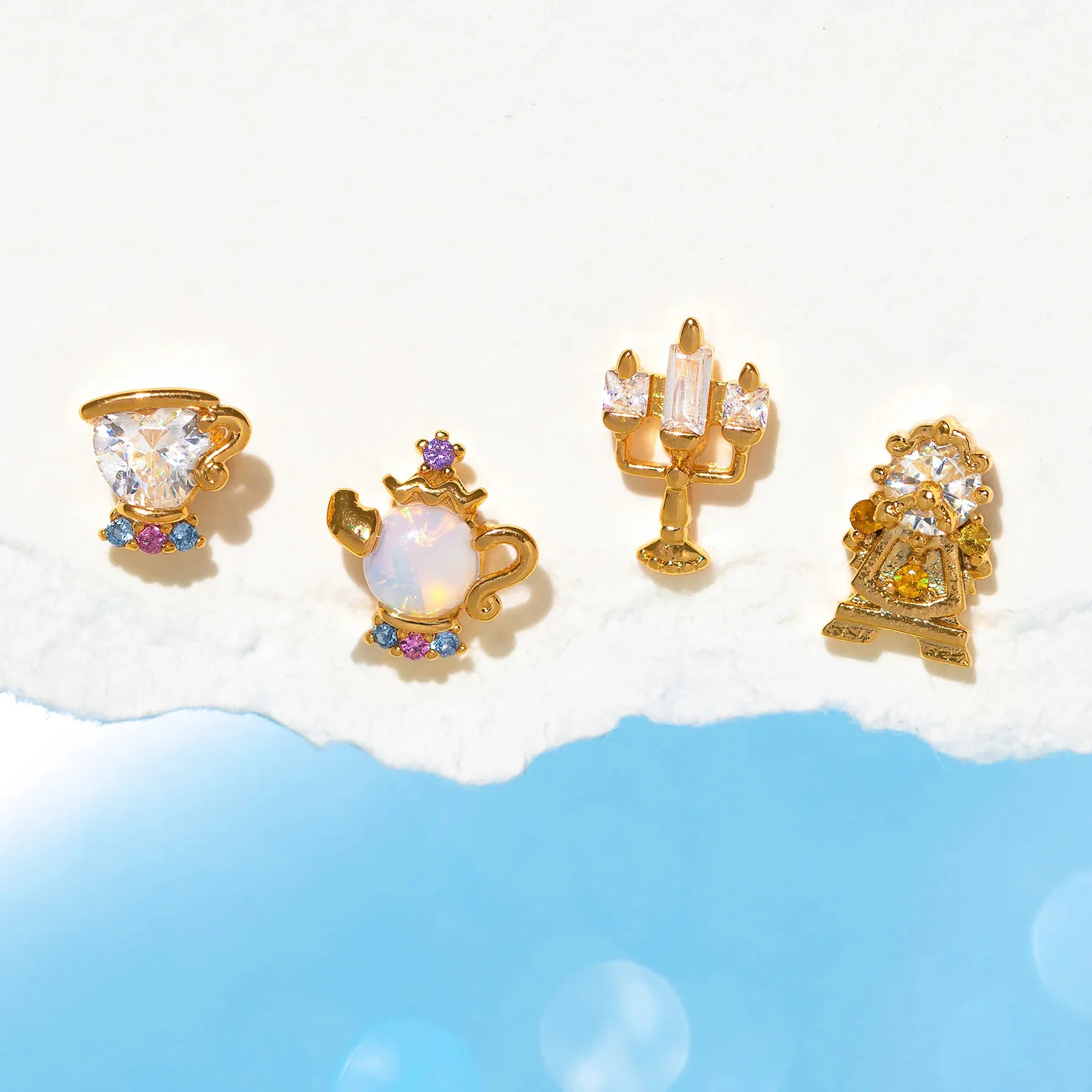 Fairy tale zircon earrings four-piece set personality cute tea cup teapot candlestick earrings