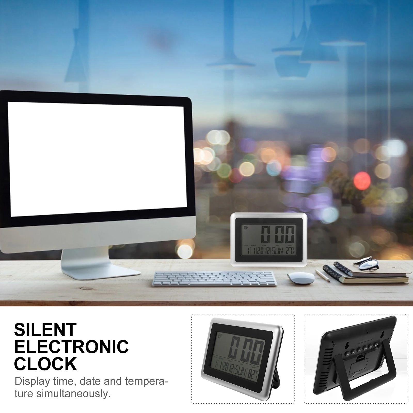 

1pc Digital Alarm Clock Plastic Desktop Bedside Silver Travel Calendar Time Temperature LCD Display Electronic Timer Home Decor