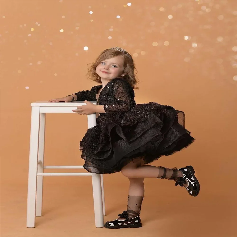 

Black Puffy Flower Girl Dress Baptism Pageant Gown Long Sleeves Communion Mini Tiered Wedding Party Dress Birthday Gown