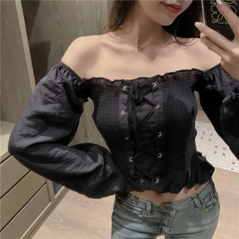 One Shoulder Top for Women Slim Fit Off Shoulder Exposed Back Exposed Navel Collarbone Sexy Bubble Sleeves Short Long Sleeves