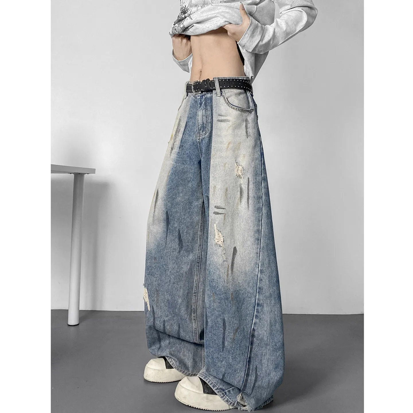 High Street Men's Distressed Straight Leg Jeans Autumn Winter Trendy Brand Washed out Wide Leg Pants Cool Design Sense