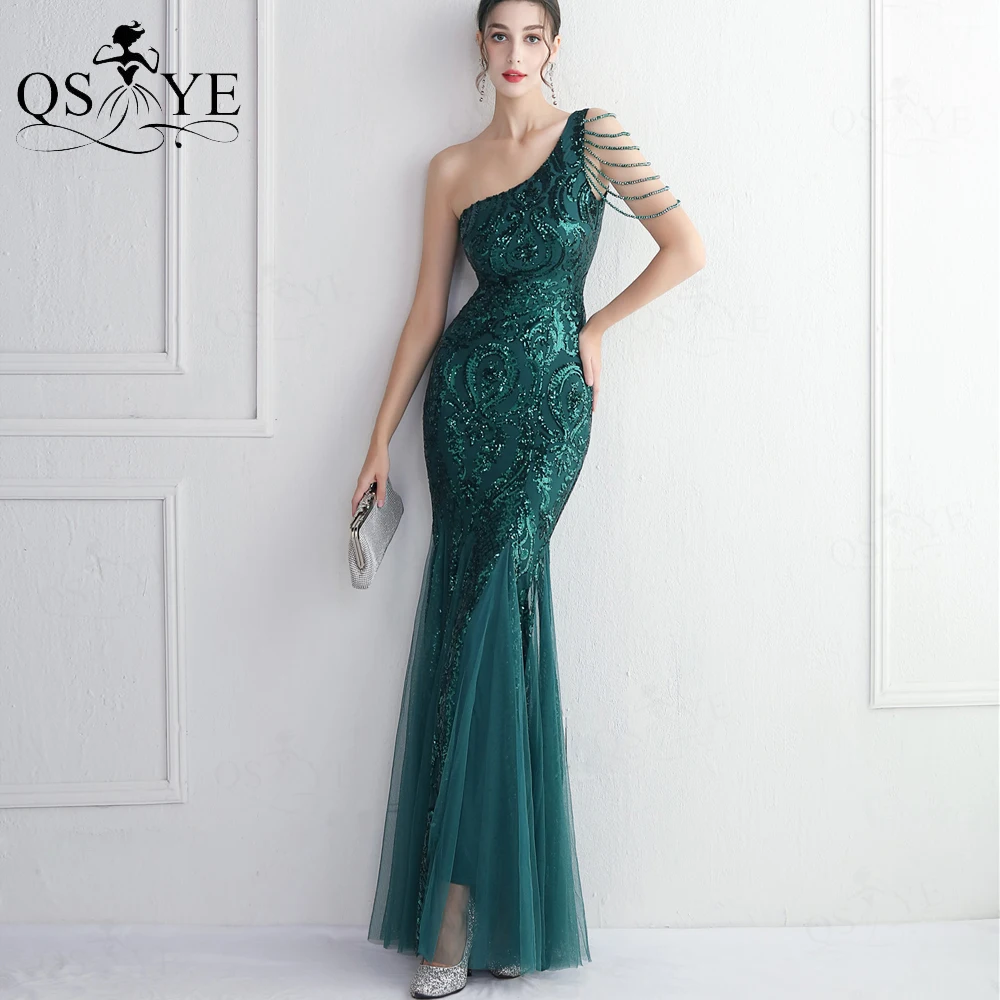 

One Shoulder Emerald Evening Dresses Beading Straps Green Sequined Mermaid Prom Gown Elegant Party Pattern Lace Formal Dress New