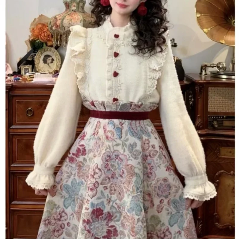 

Women Lolita French Vintage Bohemian 2 Piece Set Heart shaped Buttons Ruffled Shirt Jacquard Color block Long Skirt Casual Dress