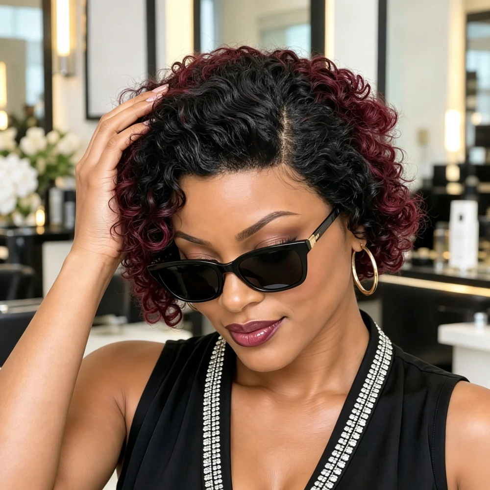 13x4 Lace Front Wig 1B99J Black To Burgundy Ombre Short Curly Human Hair Wig, Christmas & Black Friday Special Human Hair Pixie