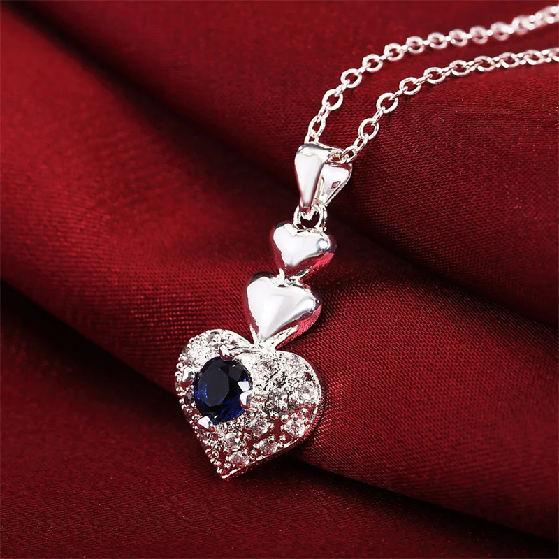 

Fashion brand 925 Sterling Silver Necklace For Women Jewelry Classic blue crystal heart Pendant birthday gifts Wedding party