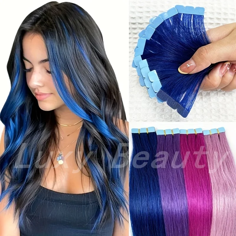 Blue Mini Tape in Hair Extensions Invisible Seamless Tape in Human Hair 10pcs/set Pink Red Green Purple Colorful Mini Tape Hair