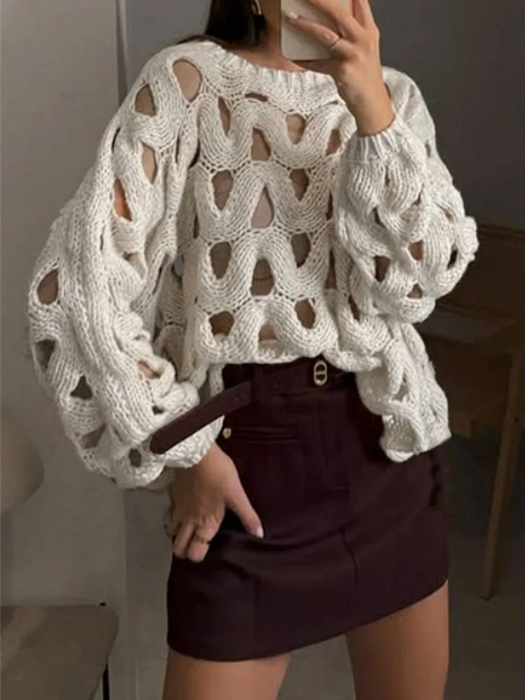 

MCDV Elegant Crochet Hollow Out Sweater Women Casual Solid O-neck Long Sleeve Loose Knitted Pullover Tops Autumn Winter 2025
