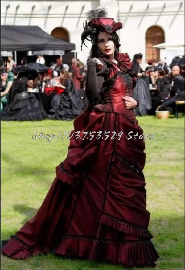 Medieval Vintage Black Red Gothic Wedding Dress Classic Burgundy Victorian Lace Up Corset Puffy Ruffle Bridal Party Dresses