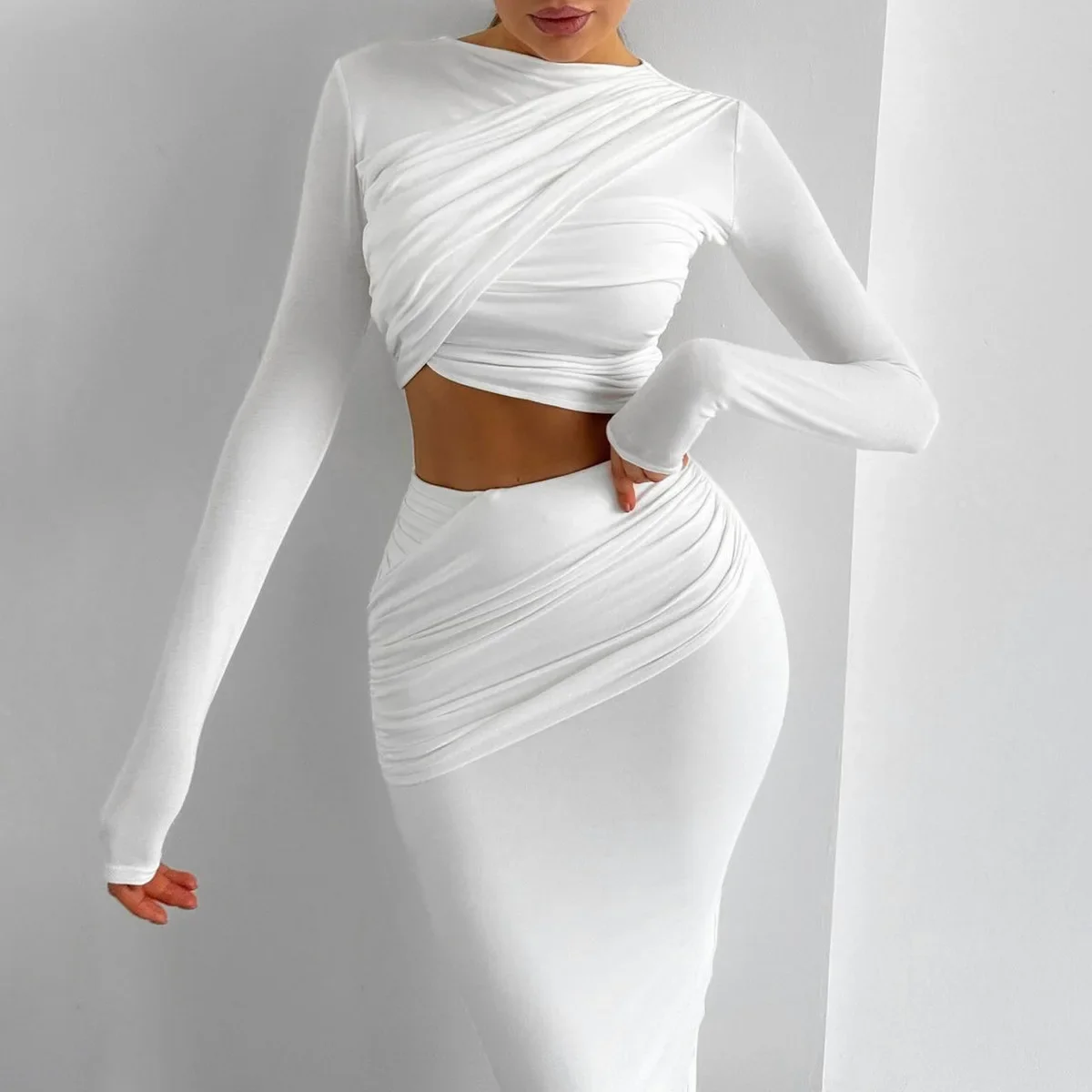 Pleated Two 2 Piece Sets Evening Prom Dress Womens Outfits Round Neck Irregular Tank Tops and Long Casual Skirt Matching Set