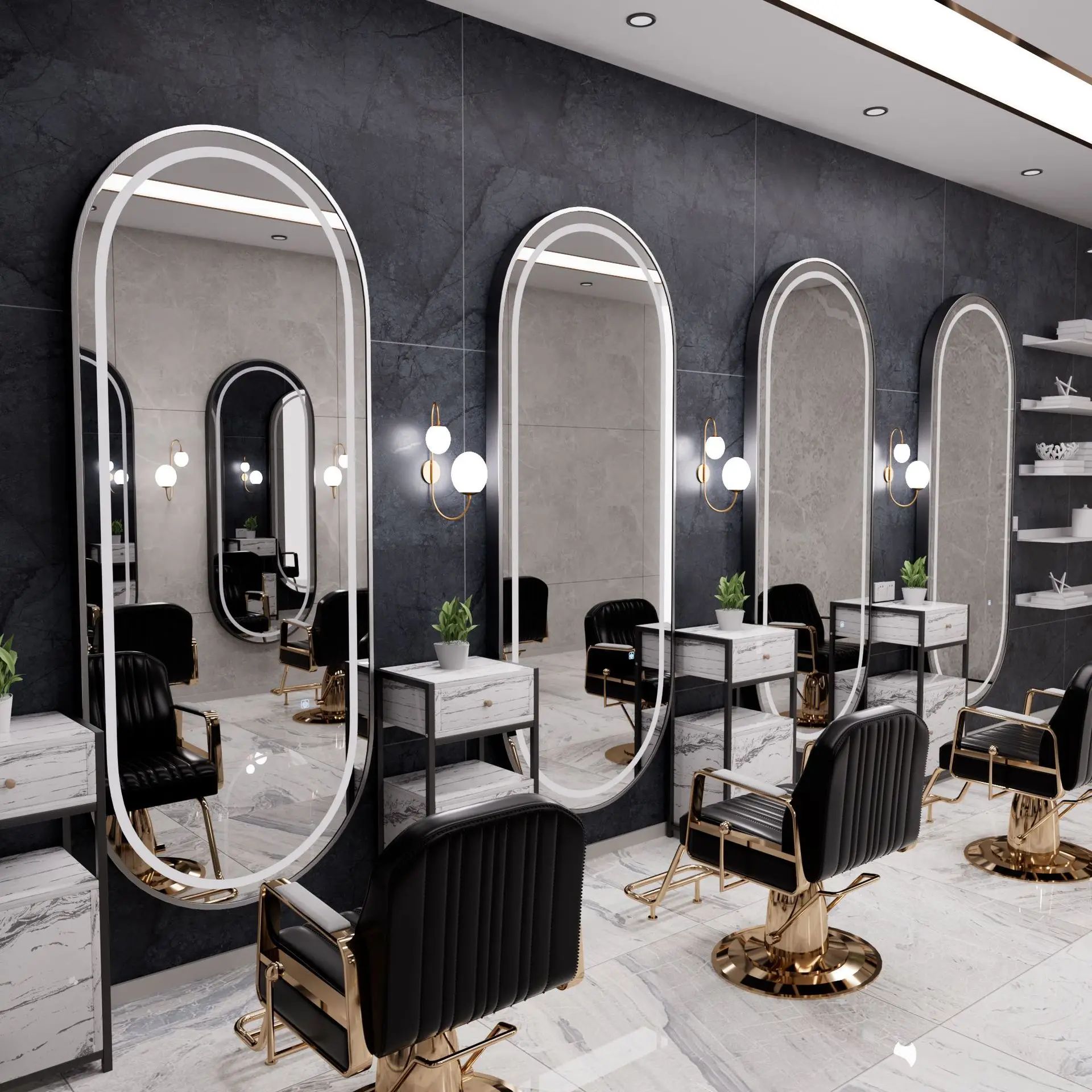 กระจกแต่งหน้าแบบมืออาชีพพร้อมไฟ LED 3 ชิ้น - สถานีแต่งตัวแบบโมเดิร์นขนาดใหญ่ด้านเดียวสำหรับร้านตัดผม ​