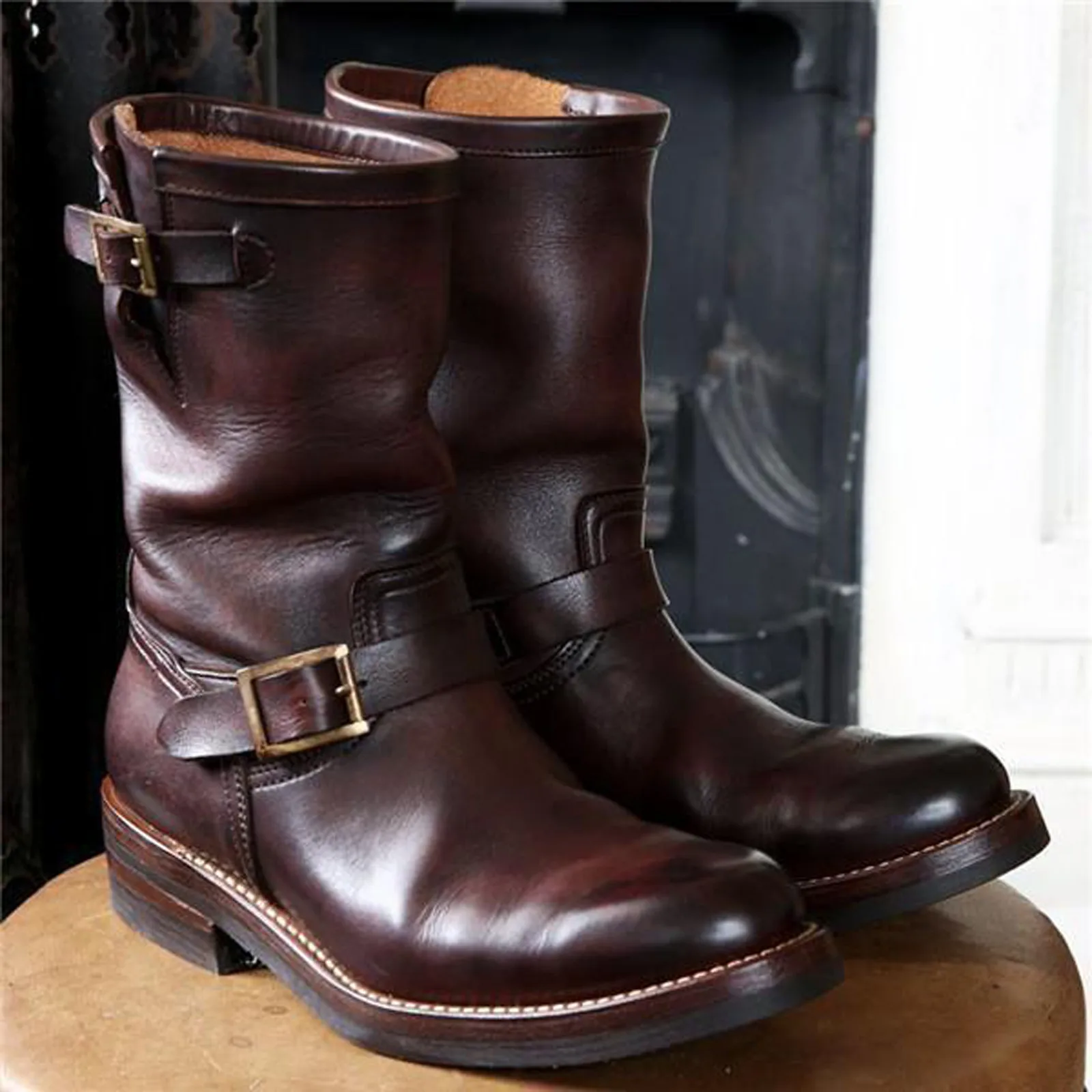 Men'S Leather Round Head Middle Top Cowhide Cowboy Boots Flat Bottomed Boots Vintage Cowboy Men'S Padded Interior Boots