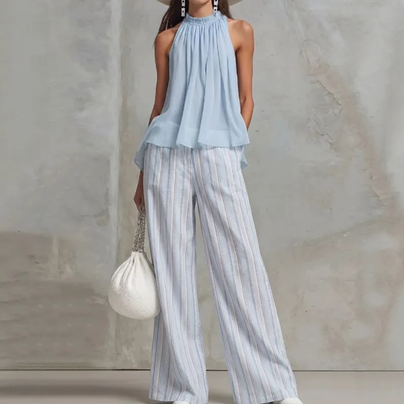 

2026 New Women's Pants Set Solid Color Top Hanging Neck Casual Loose Daily Versatile Fashionable Comfortable Striped Pants Set