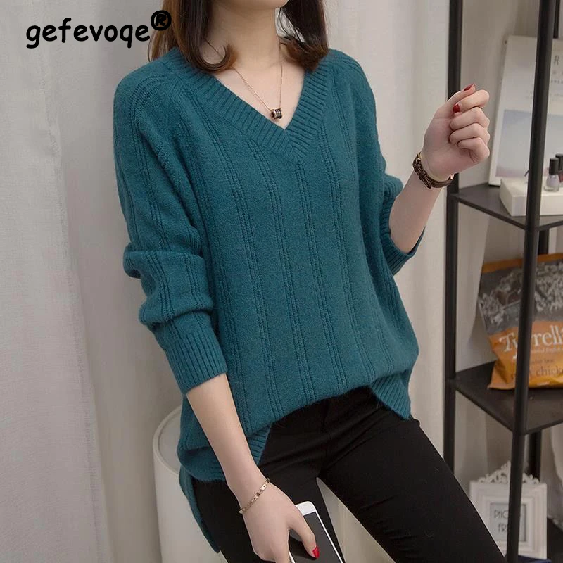 Autumn Winter Oversized V-neck Solid Sweater Top Women Simple All-match Bottoming Knitting Jumpers Loose Casual Fashion Pullover