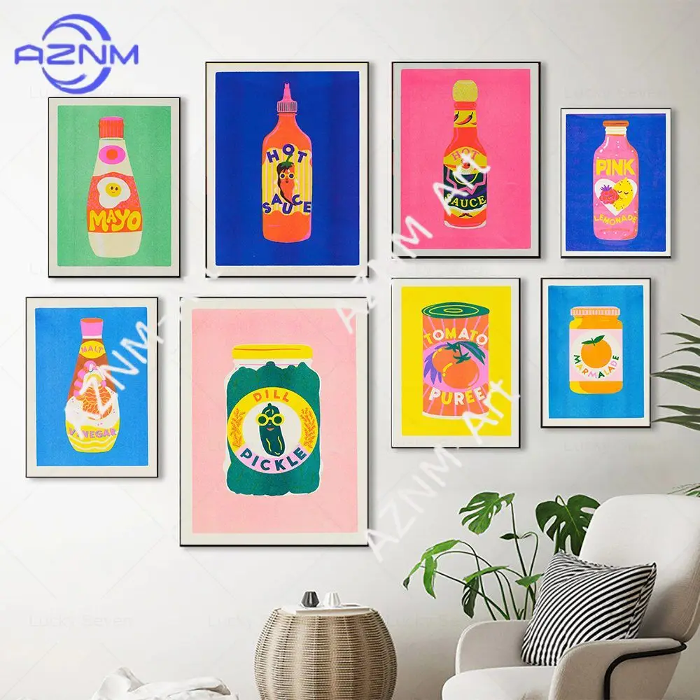 Salsa de chile picante japonesa, tomate enlatado, pepinillo encurvado, arte de pared, pintura en lienzo, póster nórdico e imágenes impresas, decoración para cocina y hogar