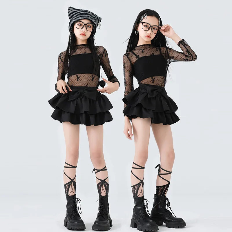 Costume da ballo jazz per ragazze Top in rete di pizzo nero Gonna Catwalk Concerto Bambini Stile Kpop Abbigliamento da strada Abiti da spettacolo