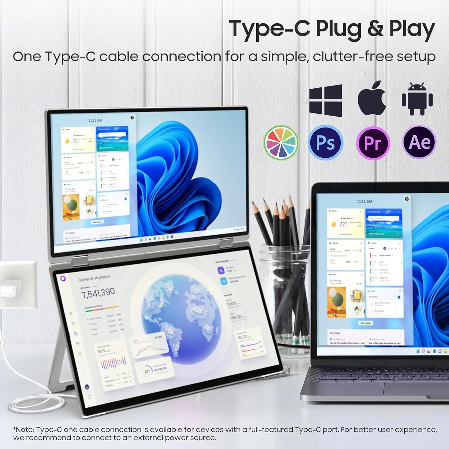 13.3'' Dual Touch Screen Portable Monitor Laptop Extender IPS 1080P 360° Foldable Stacked Display with Kickstand HDMI/USB-C