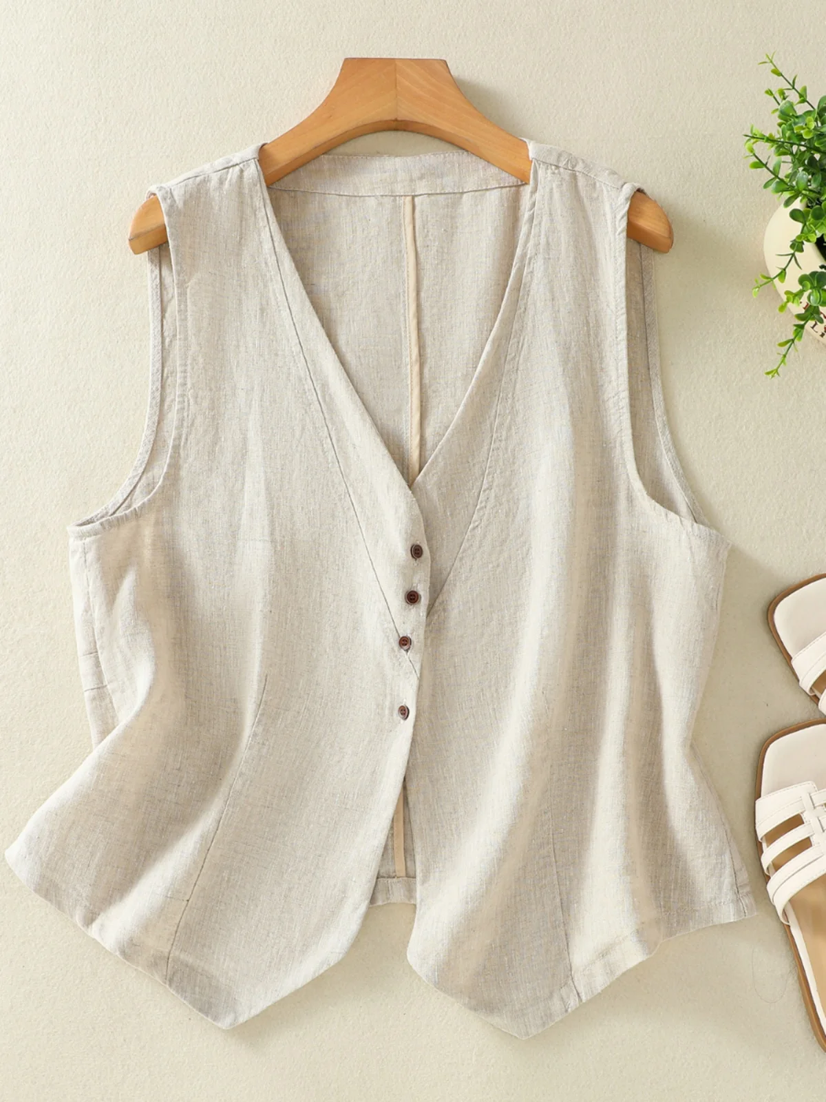 

Ladies' Linen Vest Cotton Linen Suit Jaet oulder Pad Outerwear V-ne Button-up Pure Color Commute Sle Summer 2024