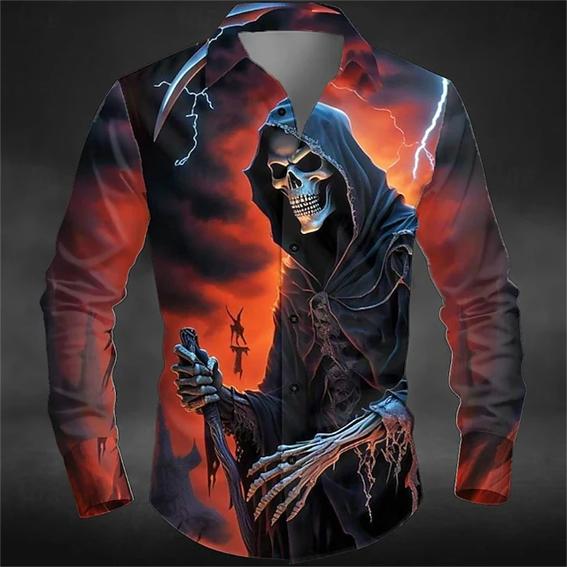 

3D Print Grim Reaper Graphic Horror Style Shirt For Men Halloween Theme Vintage Casual Long Sleeve Top Loose Button Lapel Shirts