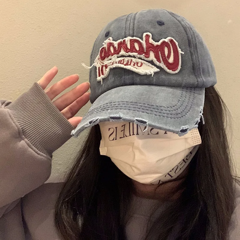 American retro old baseball cap women's big head circumference washed holes denim wide brim duck hat showing face small hat
