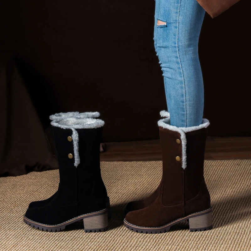 2024 Winter Elegant Flock Snow Mid-calf Boots Lady Block High Heel Black Brown Rivet Metal Decoration Botas Leisure Women Shoes