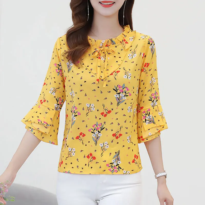 Fashion Broken Flower Printed Blouse Women\'s Clothing Ruffles Spliced Summer New Casual Half Sleeve Commute Drawstring Bow Shirt