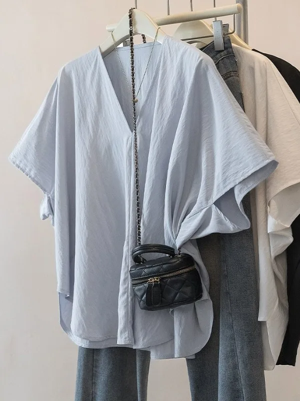 

Light Blue V-Neck Short Sleeve Shirt Women's Fashion Spring Summer New Style plus Size Cover Arms Casual Commute Style