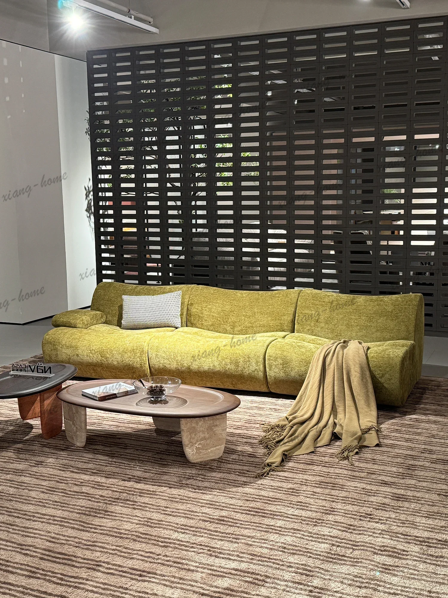 PG Mustard Chenille Modular Sofa Curved Wavy Backrest Floor Style Deep Seat Scatter Pillows For Living Room Villa Bedroom Home