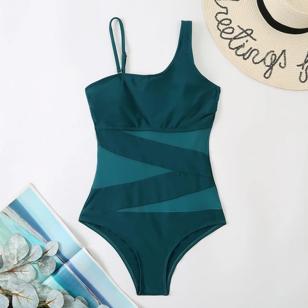 2026 New One-Piece Swimsuit For Women Asymmetric Shoulder Mesh Patchwork Design Elegant Beachwear One Piece Swimwear Tankini Swi