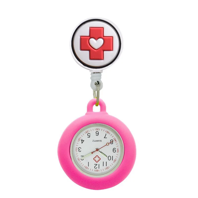 YiJia Reloj de bolsillo de enfermera de cuarzo encantador, carrete de insignia retráctil, Reloj de tema médico de dibujos animados con funda de silicona para