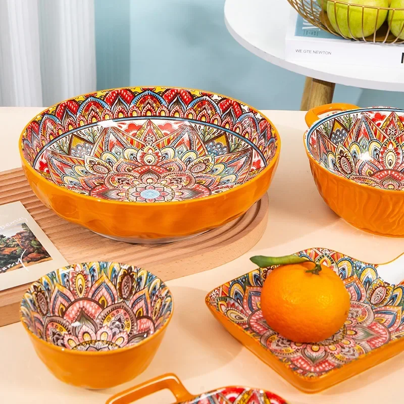 Nordic Retro Pretty Bowl Ceramic Tableware Bowls for Food Dishes Western Food Plate Household Colored Glazed Bowls and Plates