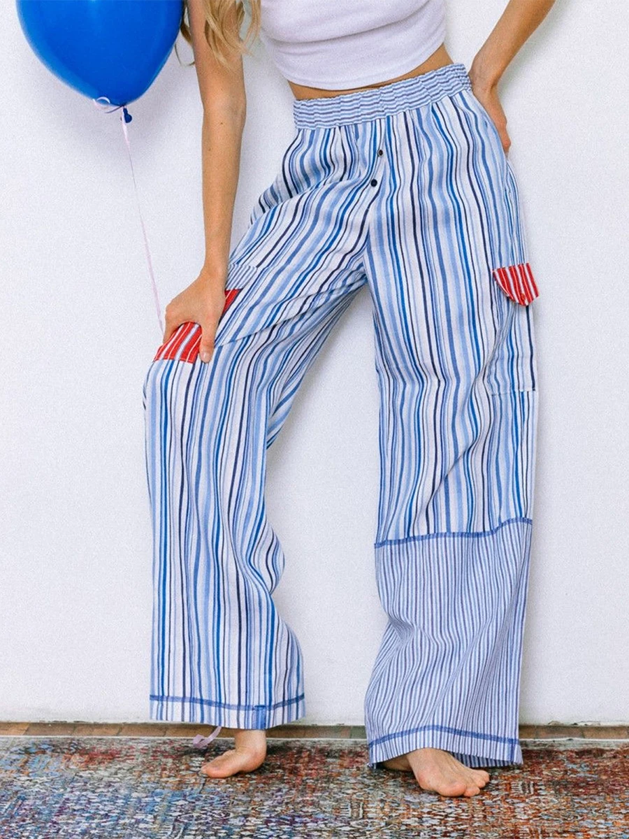 Women s Y2k Striped Patchwork Pants Loose Fit Elastic Waist Straight Wide Leg Lounge Pants Vintage Going Out Pants