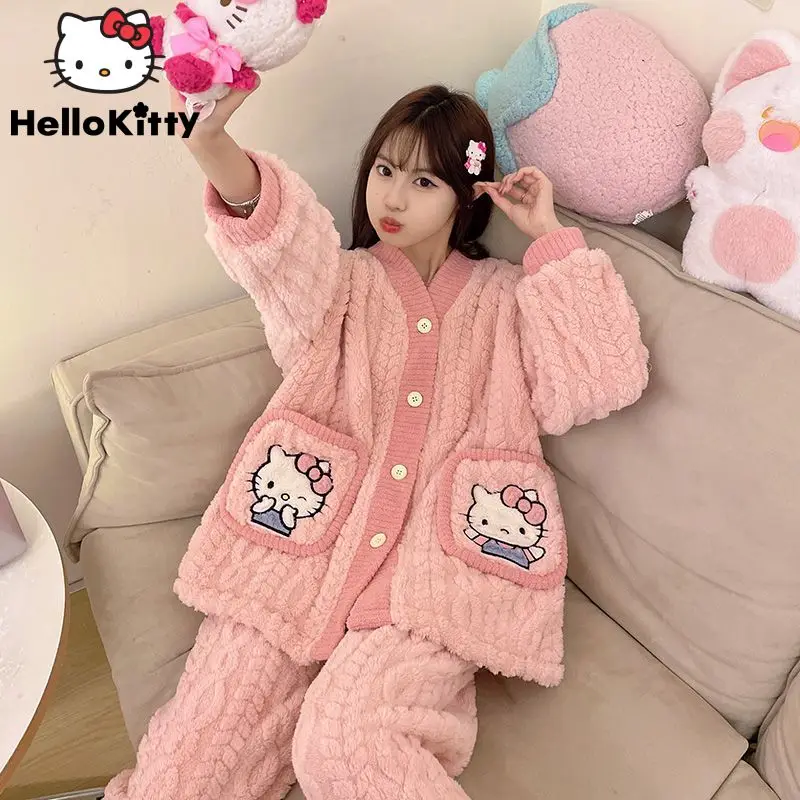 Sanrio Hello Kitty Plush Pink Cardigan Button Tops Pants 2 Piece Set Women Winter Flannel Pajamas Suit Y2k Kawaii Home Clothes