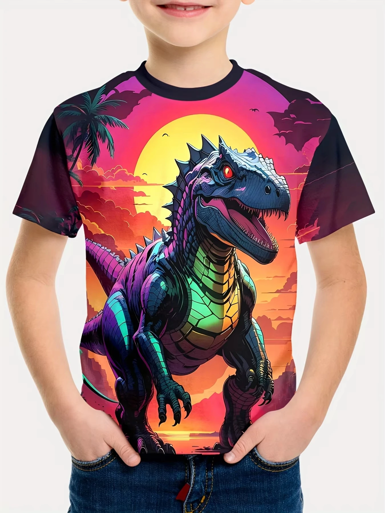 

2025 Kids Clothes Boys Cartoon Dinosaur Print Short Sleeve T-Shirt Casual Lightweight and Comfy Boy Clothes for 3 to 9 Years Hot