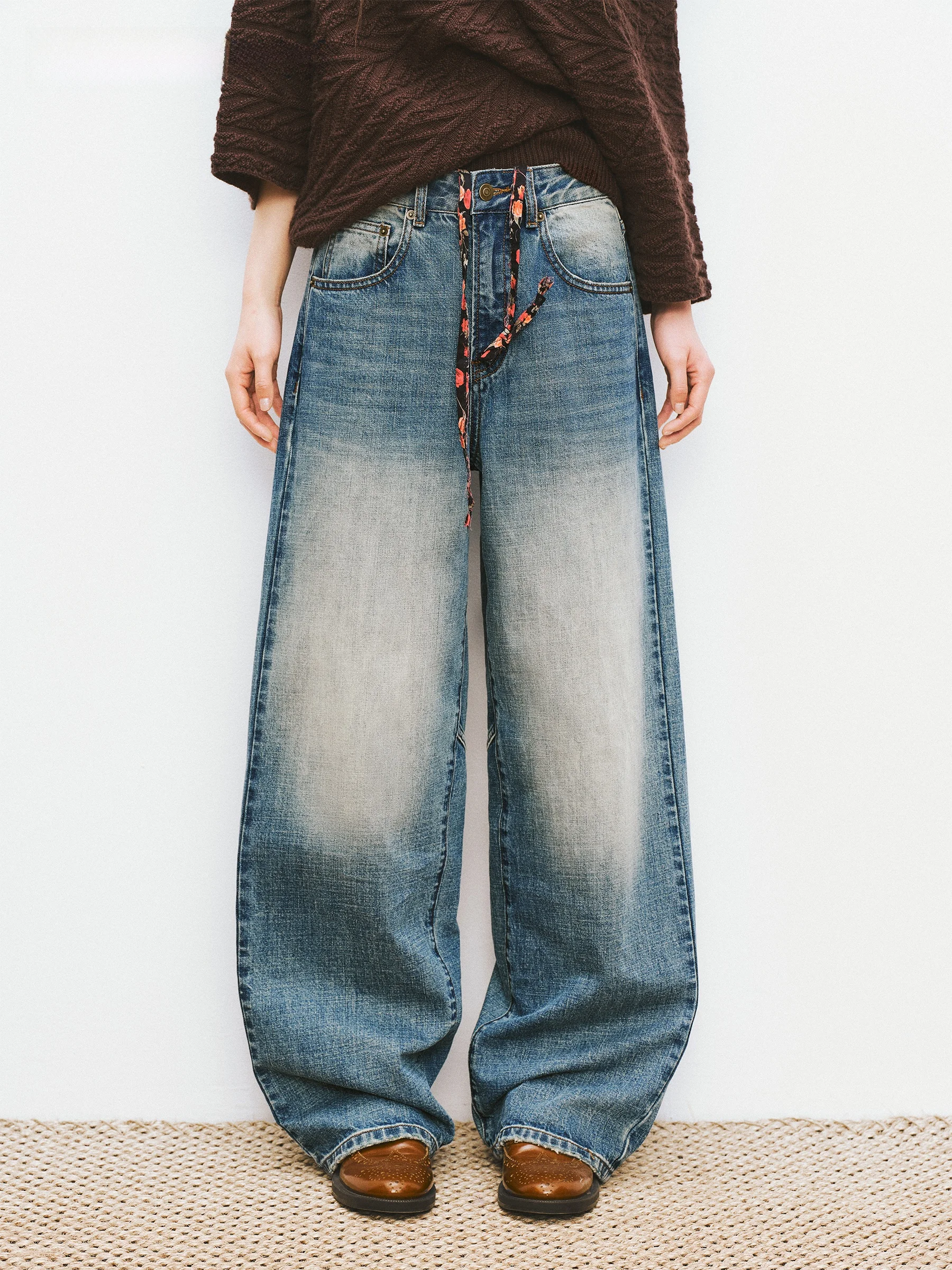 

VERMO Casual Rose Print Dstring Loose Fit Denim Jeans Vintage Sle Comfortable Cotton l Waist for All Seasons