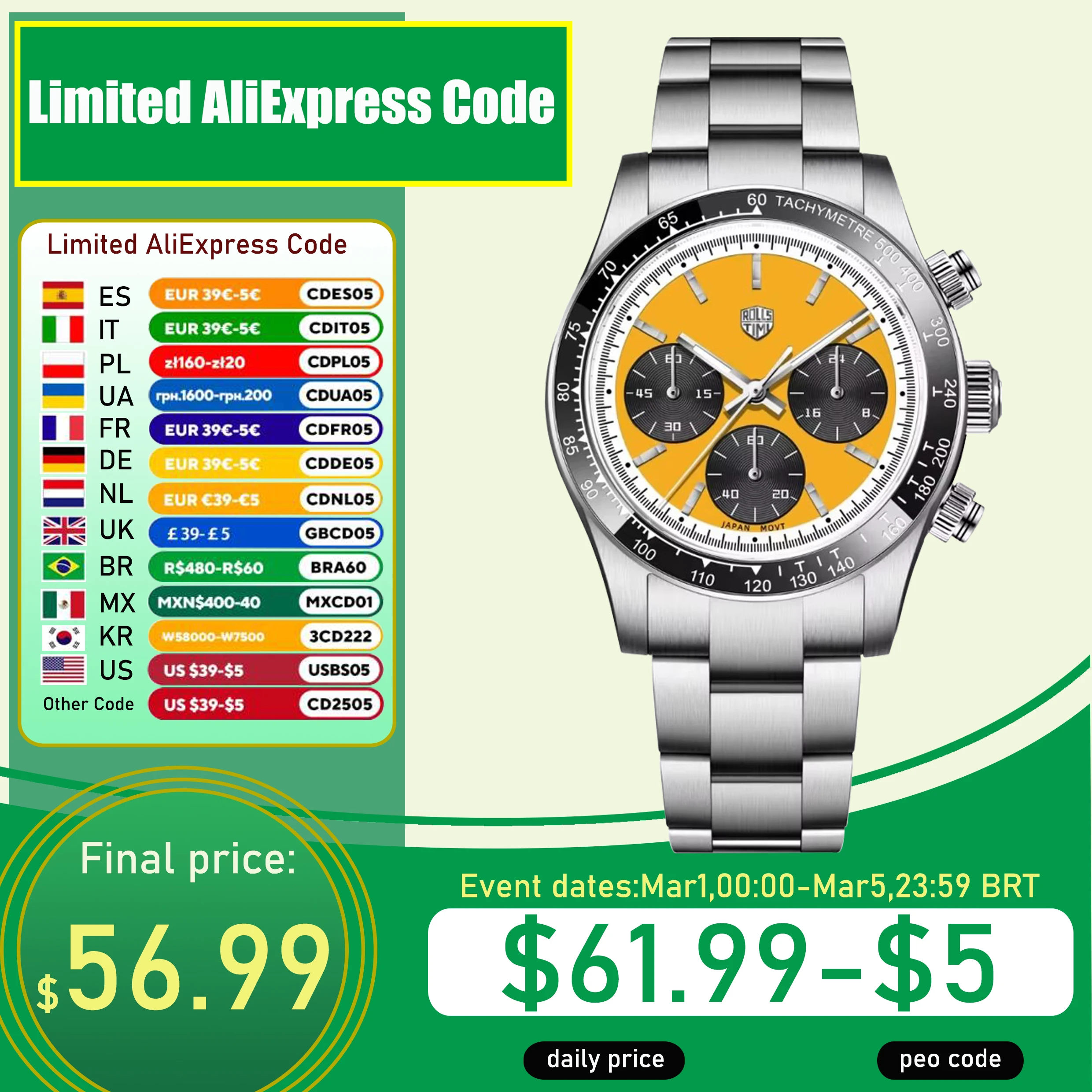 RollsTimi Herrenuhr 2024, NEU, Japan VK63 Movt Top, Luxus-Quarz-Armbanduhr, Saphir-Chronographenuhr für Herren, Edelstahl