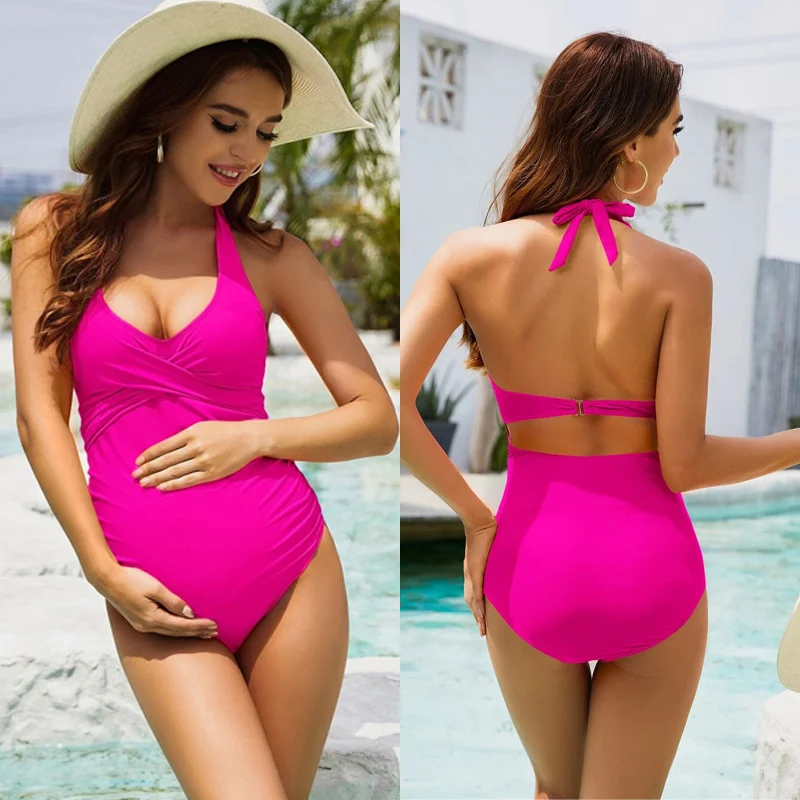 Women's Maternity Swimsuit One Piece Front Cross V-Neck Pregnancy Swimwear Monokini Beach Bathing Suits