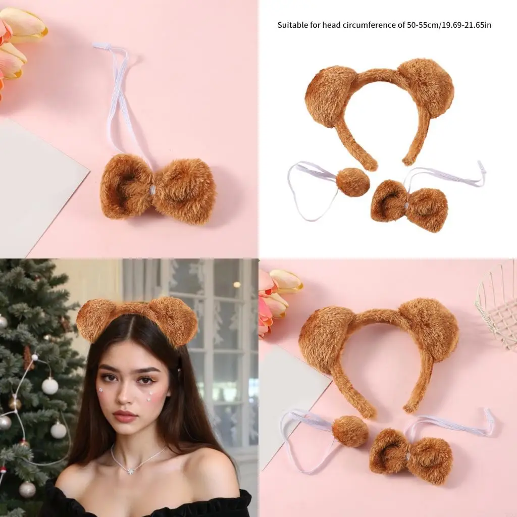 

72XE Halloween Bear Costume Set Bear Ear Headband Bear Tail and Bowtie for Kid Adult Christmas Cosplay Bear Role Play Outfit