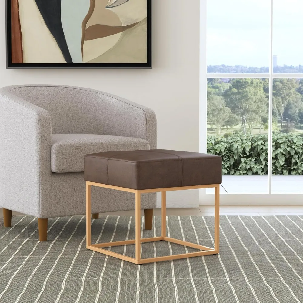 مقعد عثماني مربع ذهبي أنيق مع تنجيد من الجلد الصناعي لديكور غرفة المعيشة وغرفة النوم #2