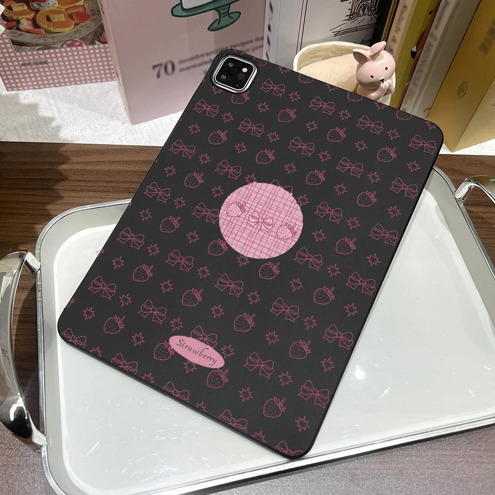 Cute Pink Line‑art Strawberry Bow Straight Edge Matte Tablet Case For Samsung Galaxy Tab S9 S10 S11 S12 Ultra S12 Plus A9 A11