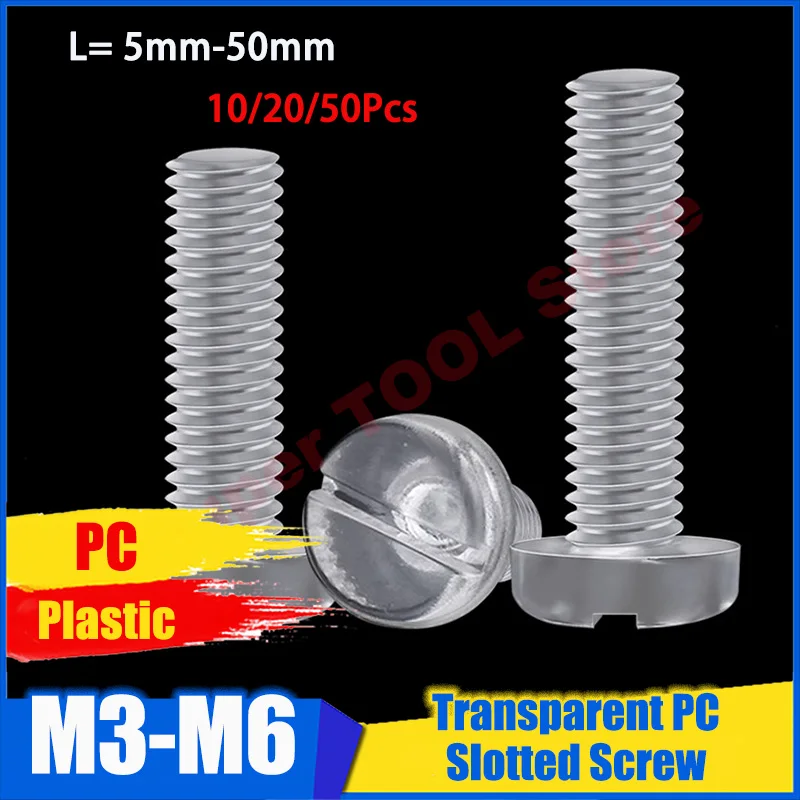 10/20/50Pcs M3 M4 M5 M6 Transparent PC Plastic Slotted Round Head Screw Non Conductive Fastener Screw Hardware Fittings 5mm-50mm