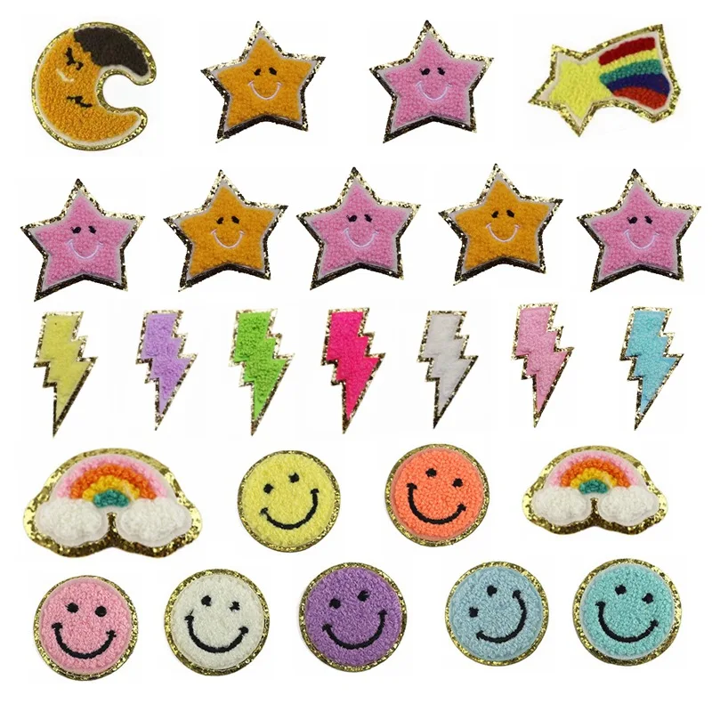 Self Adhesive Glitter Gold Patches Moon Star Smiley Rainbow Lightning Towel Embroidery Iron On Stickers Bag Hat Cloth Sew Badges